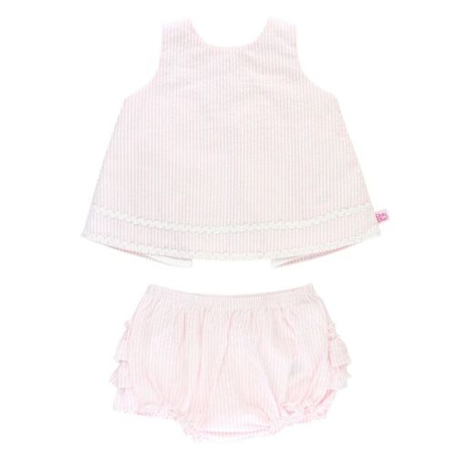 RuffleButts Infant Pink Seersucker Ric Rac Swing Top and Bloomer Set, Pink, 0-3 Months