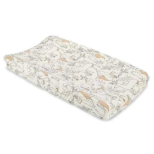 Crane Baby Woodland Quilted Changing Pad Cover, Animal Fox Print, Cotton Sateen, Secure Elastic Fit, Neutral Woodland Animal Nursery Decor for Boys and Girls, Diaper Changing Pad Cover