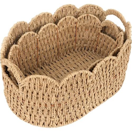 iEGrow Paper Rope Scalloped Basket, Set of 2 Wicker Storage Basket Natural