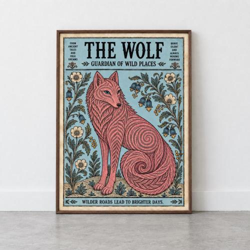 Vintage Pink Wolf Framed Poster Guardian of Wild Places Wall Art Print