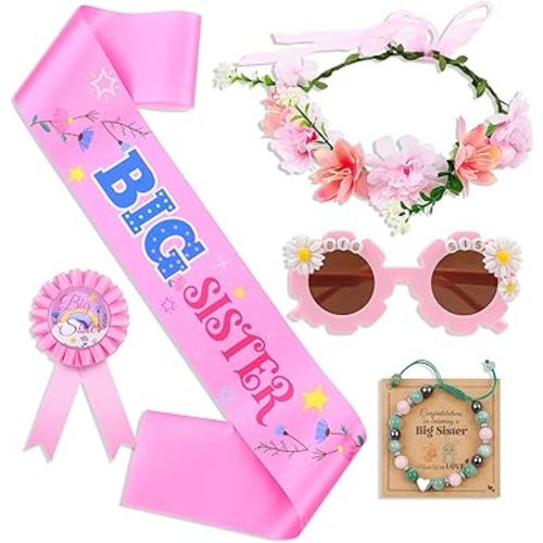 JAPDNK Big Sister Gifts for Girls - 5PCS Big Sister Gifts Includes Bracelet, Sunglasses, Flower Crown Wreath, Satin Sash and Badge Pin - Promoted to Sis Christmas Birthday Gifts for Girls
