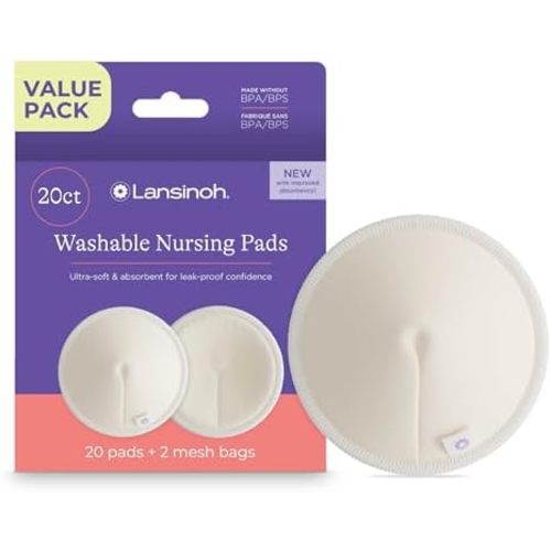 Lansinoh Washable Nursing Pads, Made with Organic Bamboo Viscose, Reusable Breast Pads for Breastfeeding with Wash Bag, Breastfeeding Essentials, 10 Count (Pack of 2)