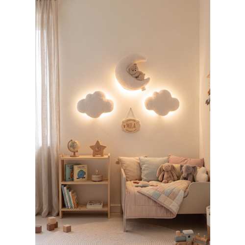 Teddy Bear Nursery Night Light: Bouclé Moon, Stars, Clouds