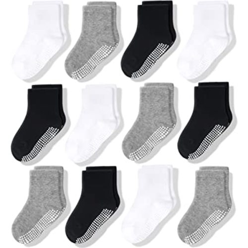 CozyWay Non Slip Toddler Socks 6/12 Pairs with Grip for Boys Girls Baby Infants Kids Anti Skid Cotton Crew Socks 1-9 Years