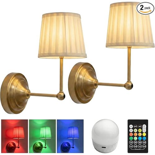 Battery Operated Wall Sconces Set of 2, Gold Rechargeable Wall Lights with 10000mAh RGB Dimmable Magnetic Bulbs and Remote,16 Colors Cordless Wall Lamps for Bedroom Living Room Hallway Decor