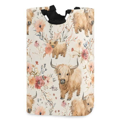 Ryvnso Highland Cattle Floral Pattern Large Storage Basket with Handles Collapsible Organizer Bin Laundry Hamper