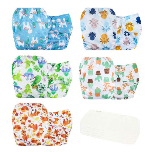 Wegreeco Washable Reusable Baby Cloth Pocket Diapers 5 Pack + 5 Bamboo Inserts (Fresh Animal)