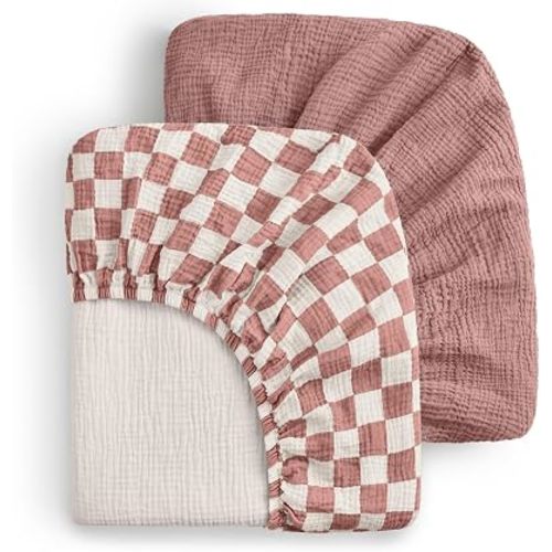 Blissful Diary Muslin Crib Sheets, 2 Pack, Dusty Pink Checkboard & Pink