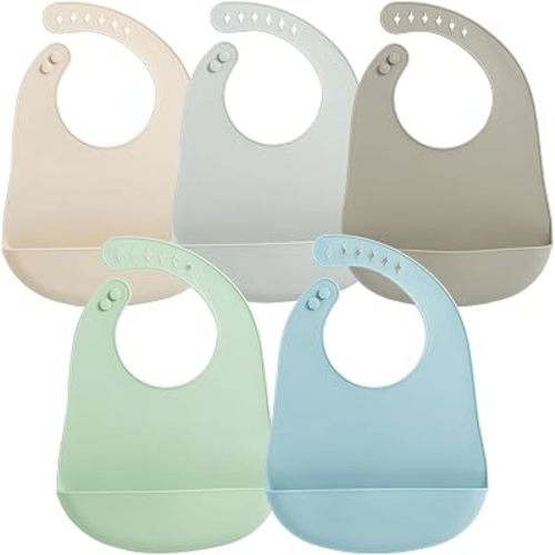 PandaEar 5 Pack Waterproof Silicone Baby Bibs| Super Thin Light Weight Feeding Bib with Food Catcher Pocket for Toddler (Cream/Gray/Taupe/Green/Blue)