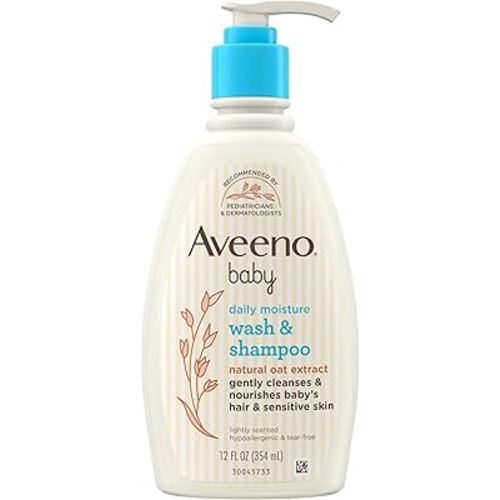 Aveeno Baby Daily Moisture Gentle Body Wash & Shampoo with Oat Extract, 2-in-1 Baby Bath Wash & Hair Shampoo, Tear- & Paraben-Free for Hair & Sensitive Skin, Lightly Scented, 12 fl. oz