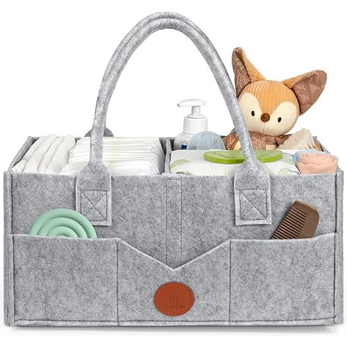 Maliton Diaper Caddy Organizer - Diaper Caddy for Baby Nursery Storage, Felt Diaper Organizer for Baby Stuff with Handle, 15" x 9" x 7" Portable Baby Basket Boy Girl Changing Table Organizer (Grey)