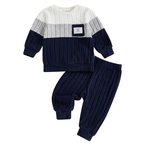 ZAXARRA Baby Boy Outfits Waffle Striped Baby Sweatshirt Tops Elastic Long Pants Set Toddler Boys Girls Fall Clothes