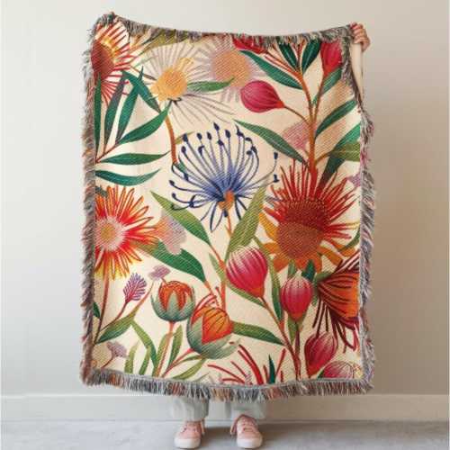 Native Australian Flowers Woven Blanket, Floral Tapestry Housewarming Gift for New Home
