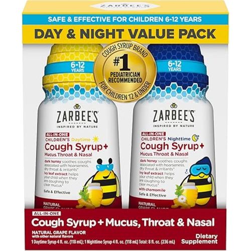 Zarbee's Children's All-in-One Honey Cough Syrup + Mucus, Throat & Nasal Day & Night Value Two Pack for Kids 6-12 + Dark Honey, Ivy Leaf Extract, Zinc Turmeric Root & B-Vitamins, Grape, 2 x 4 fl. Oz