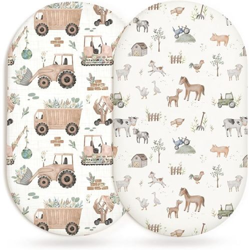 Bassinet Sheets for Baby Girls Boys 2 Pack, Fitted Baby Mattress Sheet for Rectangle, Oval, Hourglass Bassinet Mattress, Breathable Cozy & Universal Fit (Little Farm, Bassinet Sheet)