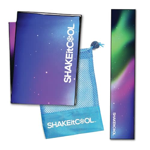 SHAKEitCOOL Original Cooling Towel – Be Cool in Style - Heat Relief, Soft, Lightweight, Sun Protection, Easy Clean - Perfect for Biking, Running, Yoga, Gym, Gardening - Aurora