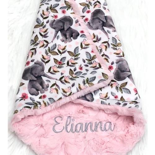 Personalized Elephant Baby Blanket: Pink Floral Minky Lovey