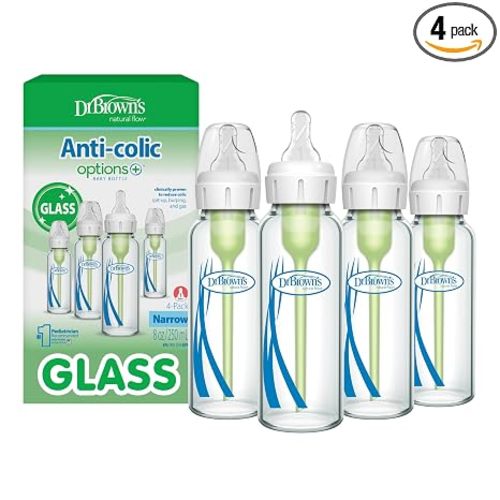 Dr. Brown's Anti-Colic Options+ Narrow Glass Baby Bottle with Level 1 Slow Flow Nipple, BPA-Free, 8 oz/250 mL, 0m+, 4-Pack (Packaging May Vary)