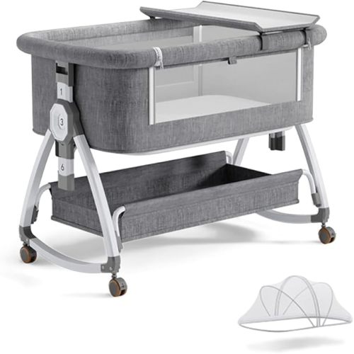 bonbay Baby Bassinet, Bedside Bassinet for Baby, 4 in 1 Portable Bassinet Bedside Sleeper with Wheels Mosquito Net & Storage Basket, 6 Height Adjustable Rocking Bassinet for Newborn Baby
