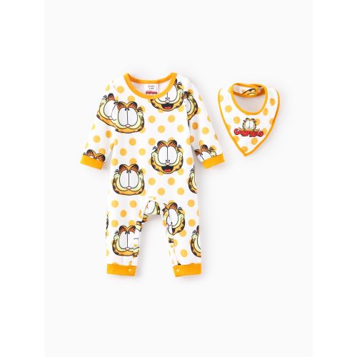 Garfield Baby Boy/Girl 2pcs Polka Dot Long-sleeve Jumpsuit with Drool Bibs Set