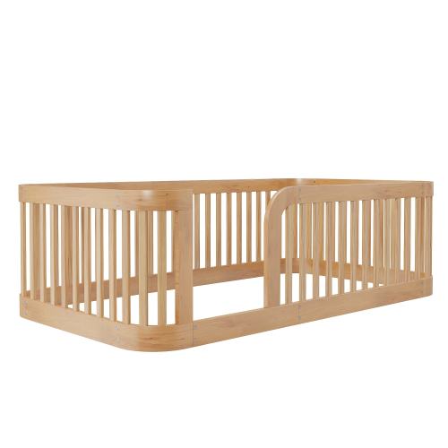 Floor Bed Frame with Fence, Montessori Toddler Bed, No Slats, No Doors, Rounded Corners Wooden Bed