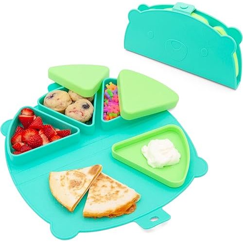 321 Grow Silicone On-The-Go Snack Mat – Foldable Reusable Placemat with 3 Compartments and Lids – Travel-Friendly Baby and Toddler Snack Plate – Dishwasher Safe (Aqua)