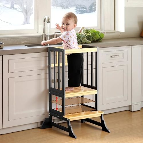 COSYLAND Kitchen Tower for Toddlers with Anti-Tip Support – Lightweight Toddler Kitchen Stool Helper for Bathroom Living Room Dining Room – Solid Bamboo Standing Tower (Natural & Black)