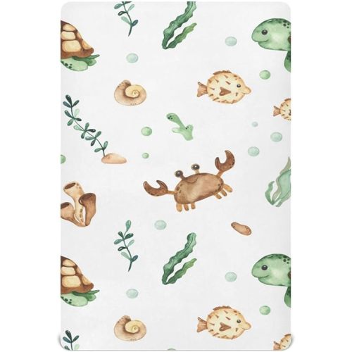 Watercolor Underwater Sea Turtles Crib Sheets for Boys Girls Soft Breathable Mini Crib Sheets for Baby 52" x 28"