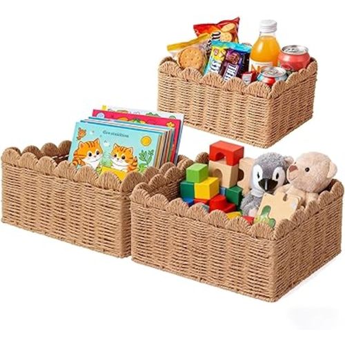 3 Pcs Wicker Baskets for Organizing,Scalloped Baskets, Hand-woven Wicker Storage Cubes, Paper Rope Shelf Baskets for Organizing and Decoration,Brown Basket