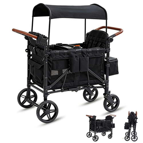 Linor Wagon Stroller for 4 Kids, Wagon Cart Featuring Snack Tray with Storage Bag and Adjustable Canopy, Foldable 4 Seater Wagon Stroller for Garden, Stroller, Camping