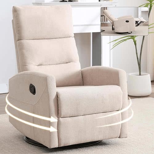 360° Swivel Rocker Recliner Chairs for Adults, Manual Nursery Glider Chair with Side Pockets and High Back, Small Lazy Boy Rocker Recliner for Small Spaces, Living Room, Bedroom (Beige+Fabric)