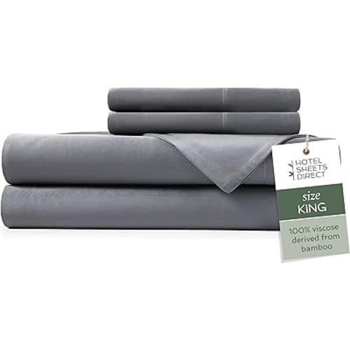 Hotel Sheets Direct 4 Piece Bed Sheet Set King Size, 100% Viscose Derived from Bamboo Sheets Set with 2 Pillowcases, Cooling & Breathable Luxury Bedding, Moisture-Wicking & Silky Soft, Dark Gray