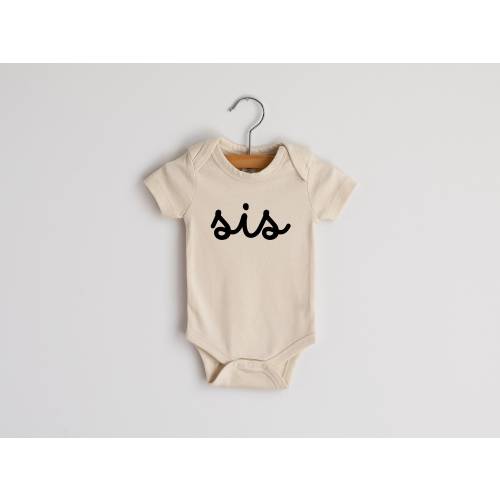 Sis Script Organic Baby Bodysuit • Modern Neutral Sis Baby Outfit • Unique Hand-Printed Bodysuit in Cream Cotton & Black Ink for Sisters