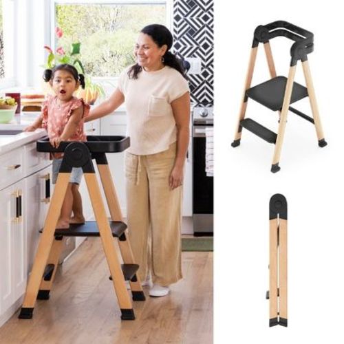 Guidecraft Kitchen Helper Flex Step Stool - Adjustable, Folding Toddler Tower, Wooden Toddler and Adult Step Stool, Kids Learning Cooking Tower