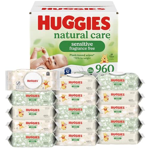 Huggies Natural Care Sensitive Baby Wipes, Unscented, Hypoallergenic, 99% Purified Water, 15 Flip-Top Packs (960 Wipes Total)