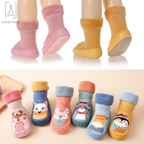 Gustave 5 Pairs Baby Boy Girls Toddlers Socks Animal Moccasins Non-Skid Indoor Slipper Winter Warm Infant Booties Shoes (12-18 Months)