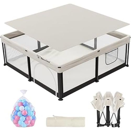 Baby Playpen, Portable Indoor Outdoor Play Area with Balls, Beige, 50x50x27 Inch, Quick Fold Design, Mesh Safety Panels, for 0-36 Months