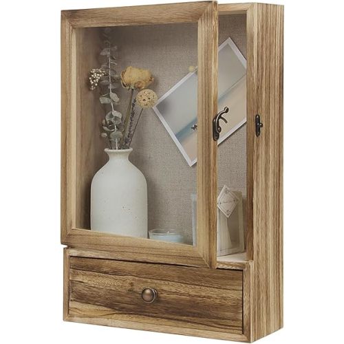 Butizone Shadow Box Frame, 3.2" Deep Shadow Box Display Case with Real Glass and Drawer, Rustic Wood Memory Box for Pictures, Flowers, Memorial, Medals, Wedding Bouquet for Wall or Tabletop, Brown