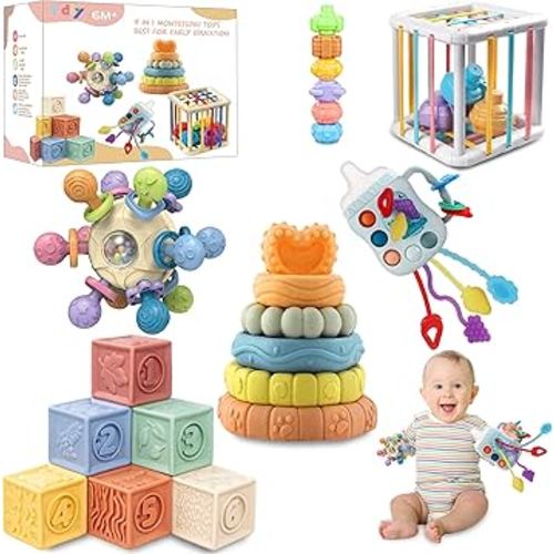 Baby Toys 0-6-12 Months,Montessori Toys for babise 0-6-12-18 Months,Incl Pull String Toy & Shape Sorter & Stacking Building Block & Manhattan ball & Baby Blocks,montessori baby toys for 1 + year