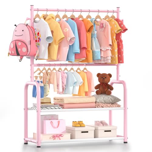Kids Clothing Rack with 2-Layer Storage Shelf and 2 Adjustable Hanging Rods, Dress Up Rack for Hanging Clothes,Dress up Storage for Baby Toddle Kids(Classic, Pink)
