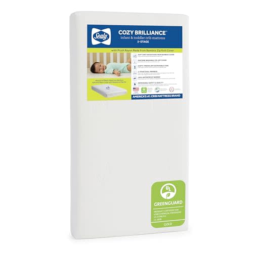 Sealy Baby Cozy Brilliance Breathable Crib Mattress, GREENGUARD GOLD Certified, Made in USA, Firm Dual Firmness, Toddler Bed Fit, Rayon, Waterproof, Non Toxic, Washable Zip Cover, 52” x 28