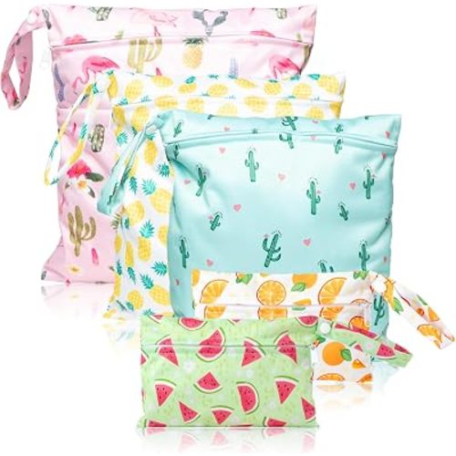 R HORSE 5Pcs Waterproof Reusable Diaper Baby Cloth Wet Dry Bags with 2 Zippered Pockets Summer Travel Beach Pool Bag with Pineapple Flamingo Cactus Pattern(3 Sizes)