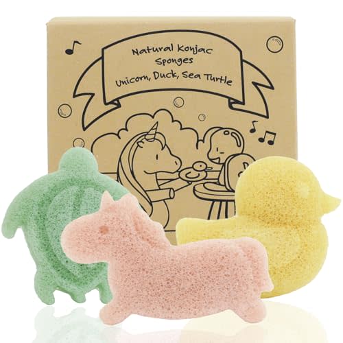 myHomeBody Konjac Baby Sponge for Bathing, Cute Shapes Natural Kids Bath loofah for Infants, Toddler, Newborns, Safe Plant-Based, 3pc. Set: Unicorn, Duck, Sea Turtle