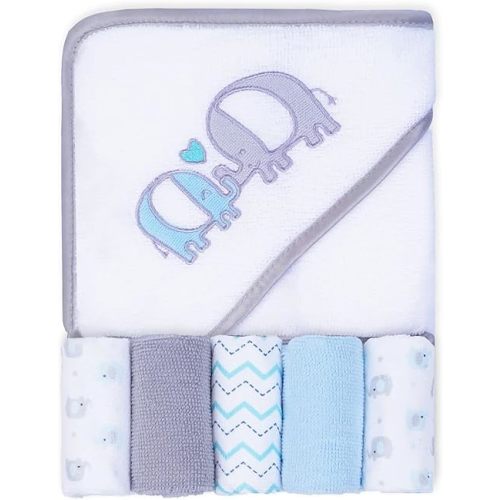 Viviland Baby Towels and Washcloths, Soft Absorbent Baby Bath Towel Set, Elephant Hooded Towels with 5 Infant Face Washcloths (6 Pieces)
