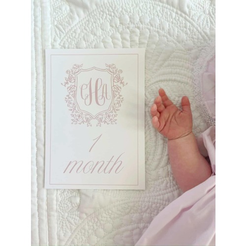 Monogram Crest Baby Milestone Cards, Blush Pink Floral Crest Milestone Cards, Birth Details Card, Baby Shower Gift, Baby Girl Month Cards
