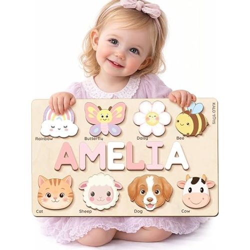 Personalized Name Puzzle for Toddlers 1-3, Custom Wooden Name Puzzle Gift for Baby Girls Boys, Personalized Baby Shower & First Birthday Gift, Montessori Learning Toy, CPC Certified (Animal Puzzle)