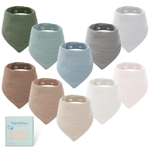 Yoofoss Muslin Baby Bibs 10 Pack 100% Organic Cotton 6-Layer Soft Absorbent Drool Bandana Baby Bibs for Drooling and Teething for Boys and Girls, Brown & Green