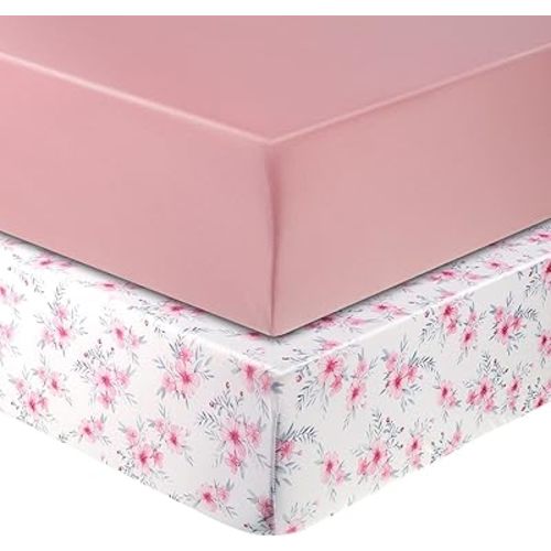 2 Packs Baby Crib Sheets for Boys Girls, Stretchy Fitted Crib Sheet for Standard Crib and Toddler Mattress Pads Soft Microfiber Baby Sheet, 52"x28" (Pink)