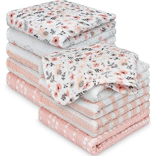 10-Pack Muslin Baby Washcloths for Newborn – 12x12" Soft Absorbent Organic Cotton Muslin Wash Cloths for Babies Girl, Boy, Infant, Toddlers,Kids Face Towel,Bath Essentials,Baby Burp Rags (Sweet Charm)