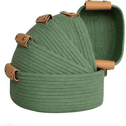 SVNR Green Storage Baskets Set of 5, Woven Rope Shelf Bins for Organizing - Durable Cube Organizers for Closet, Nursery, Bedroom, Toy Storage with Handles, Modern Home Decor